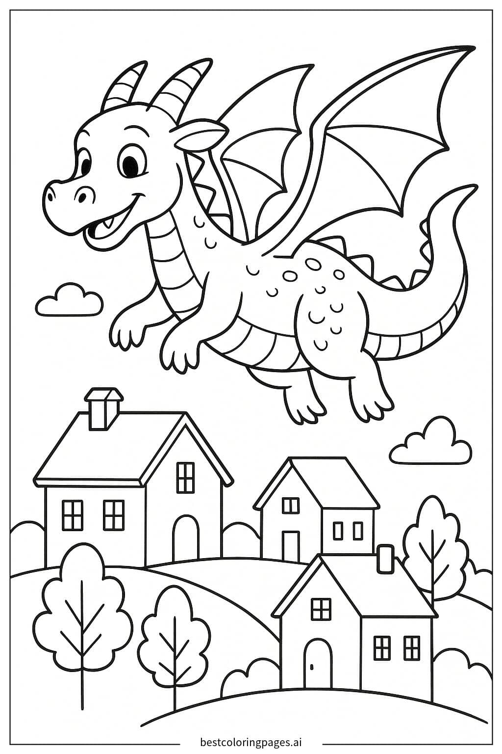Coloriage Dragon volant au-dessus d'un village