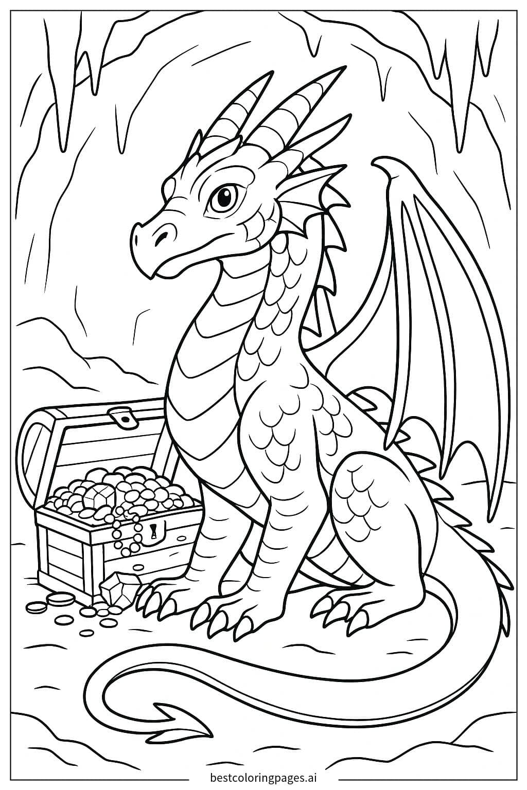 Dragon Guarding a Treasure Chest Coloring Page