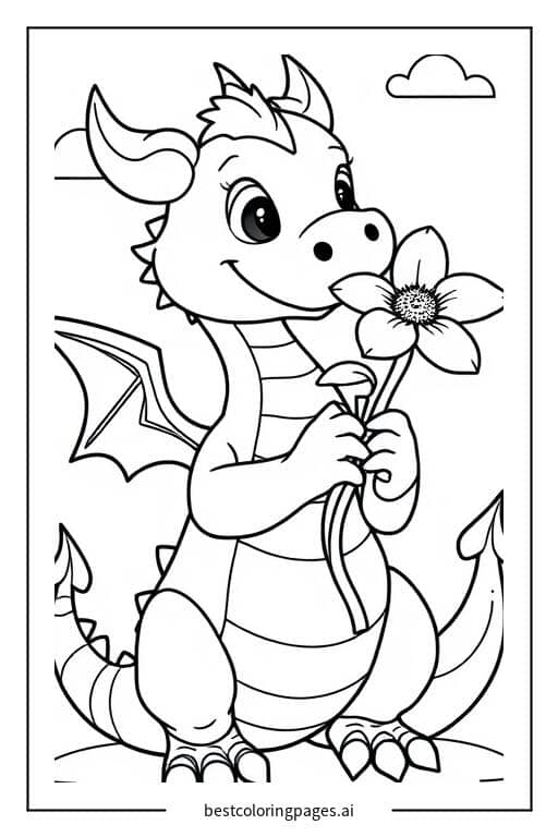 Coloriage Dragon tenant une fleur