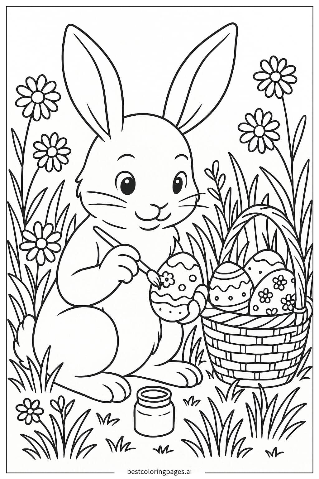Easter Bunny Decorating Eggs Coloring Page