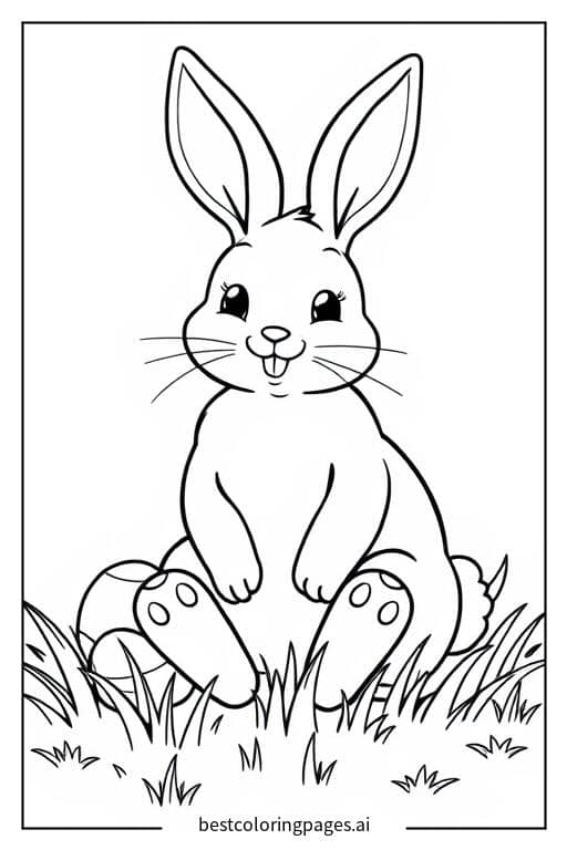 Easter Bunny Joyfully Sitting on the Grass Coloring Page