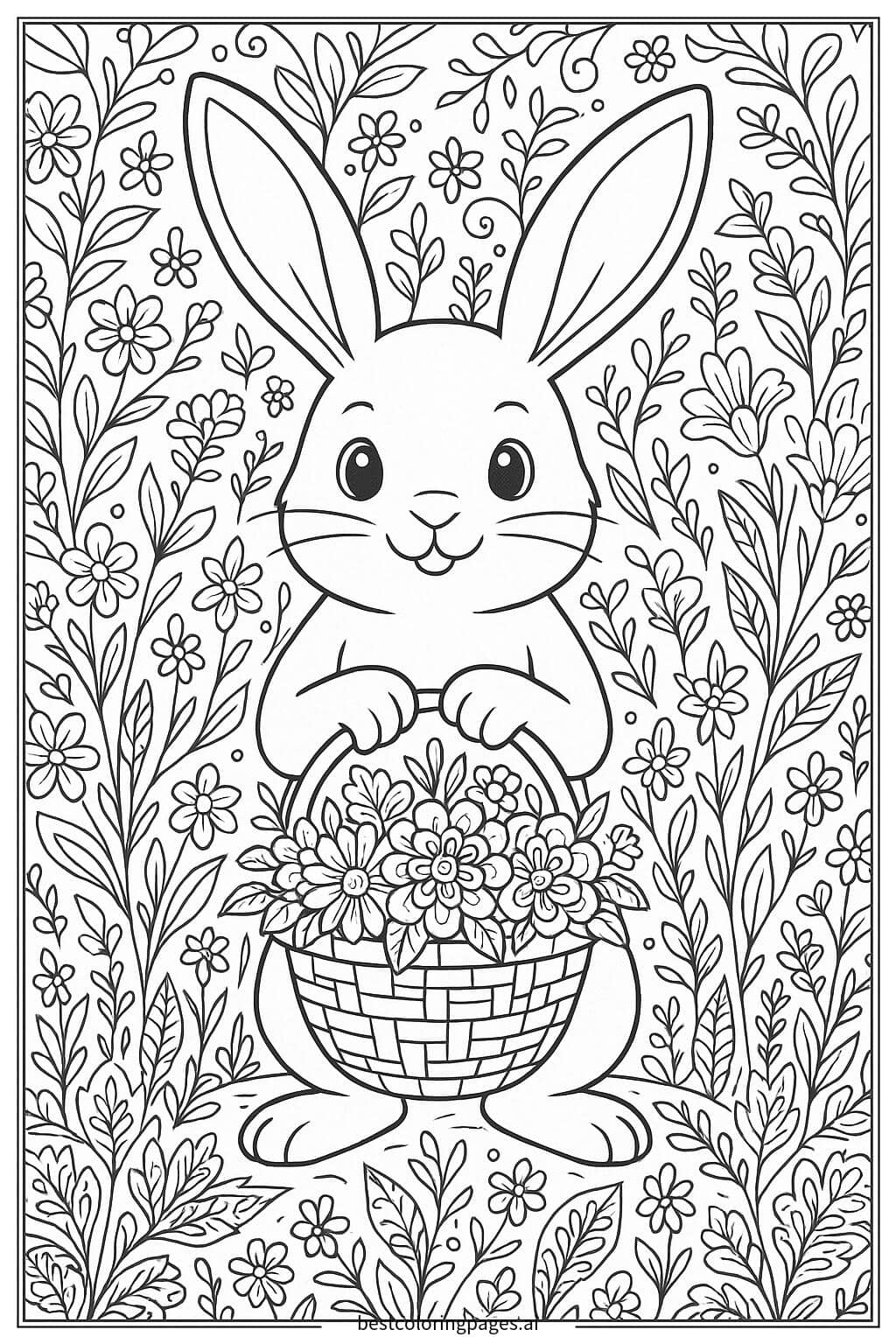 Easter Bunny Holding a Basket of Flowers Coloring Page