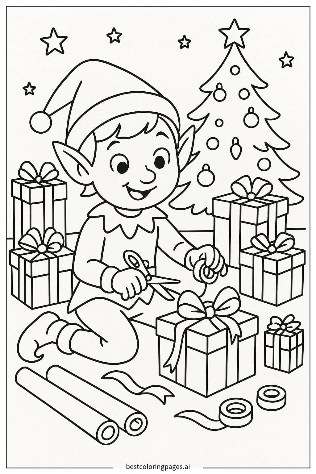 Desenhos de Duende Embrulhando Presentes de Natal para Colorir
