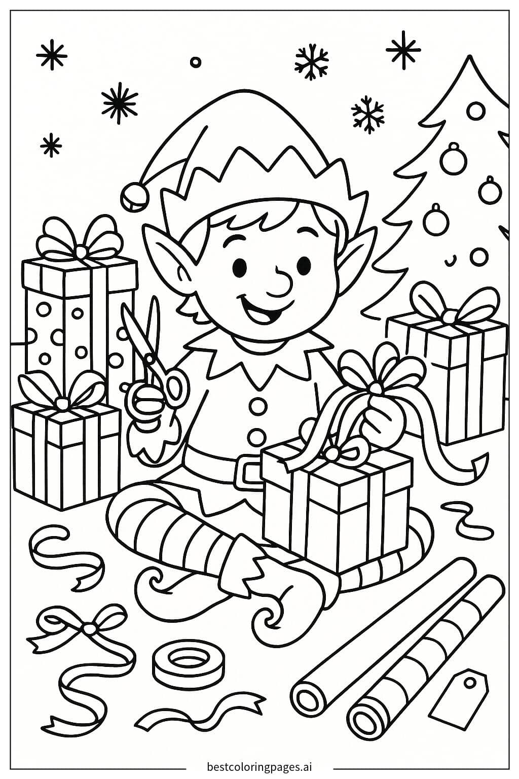 Desenhos de Elfo Embrulhando Presentes para Colorir