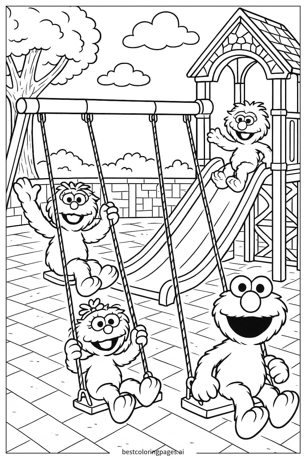 Elmo and Friends Enjoying the Playground Coloring Page