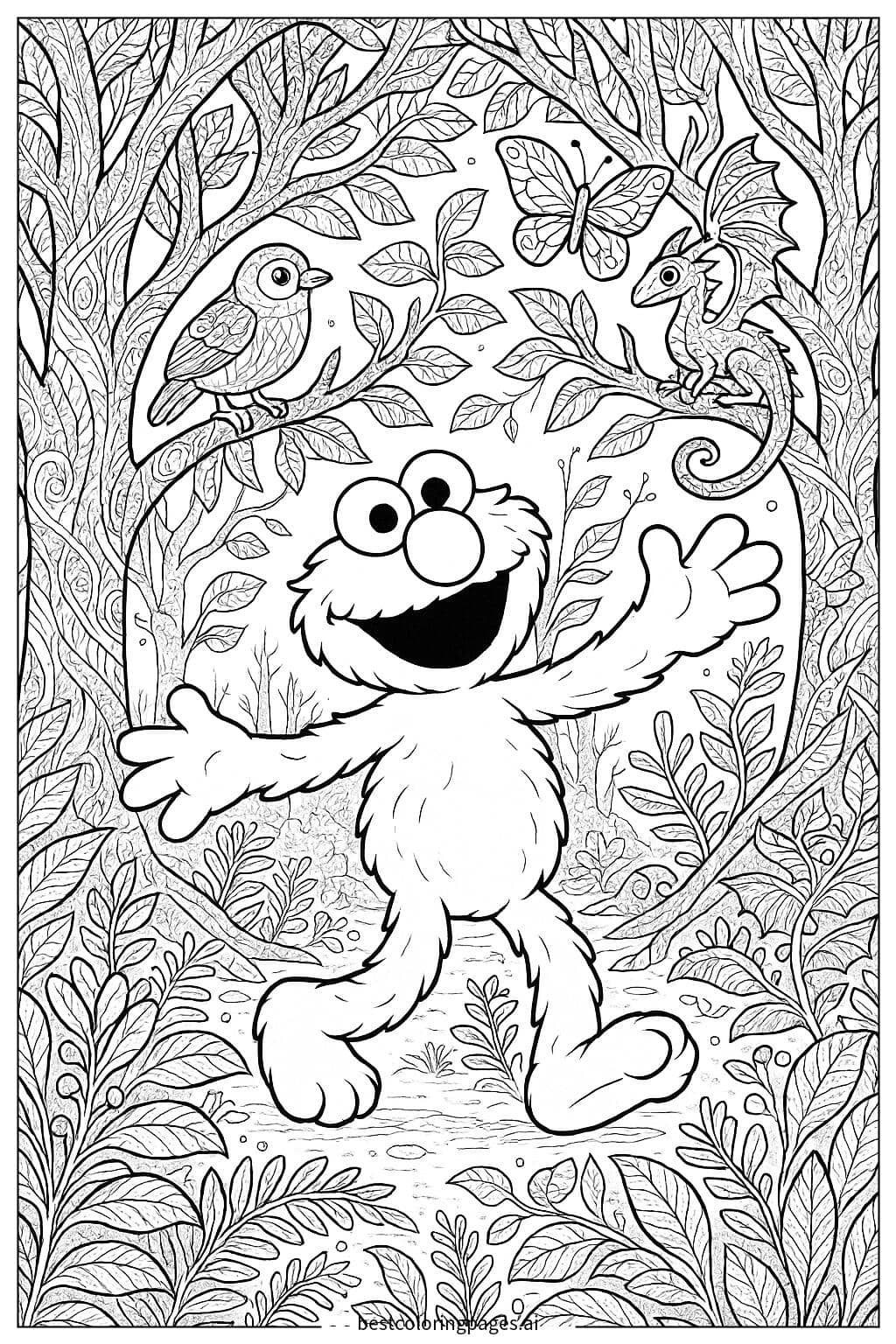 Elmo in a Magical Forest Coloring Page