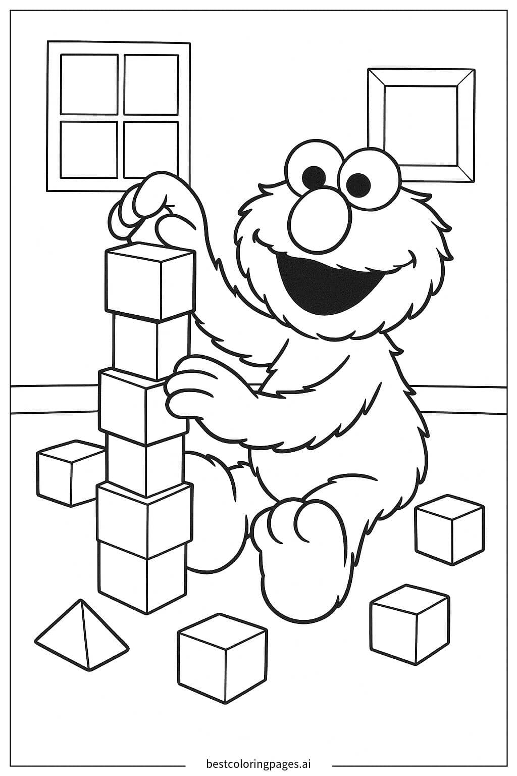 Elmo Playing with Blocks Coloring Page