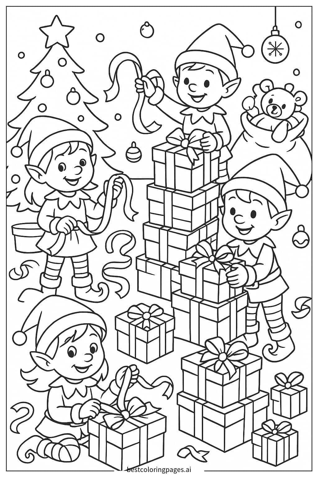 Desenhos de Duendes embrulhando presentes com fitas para Colorir