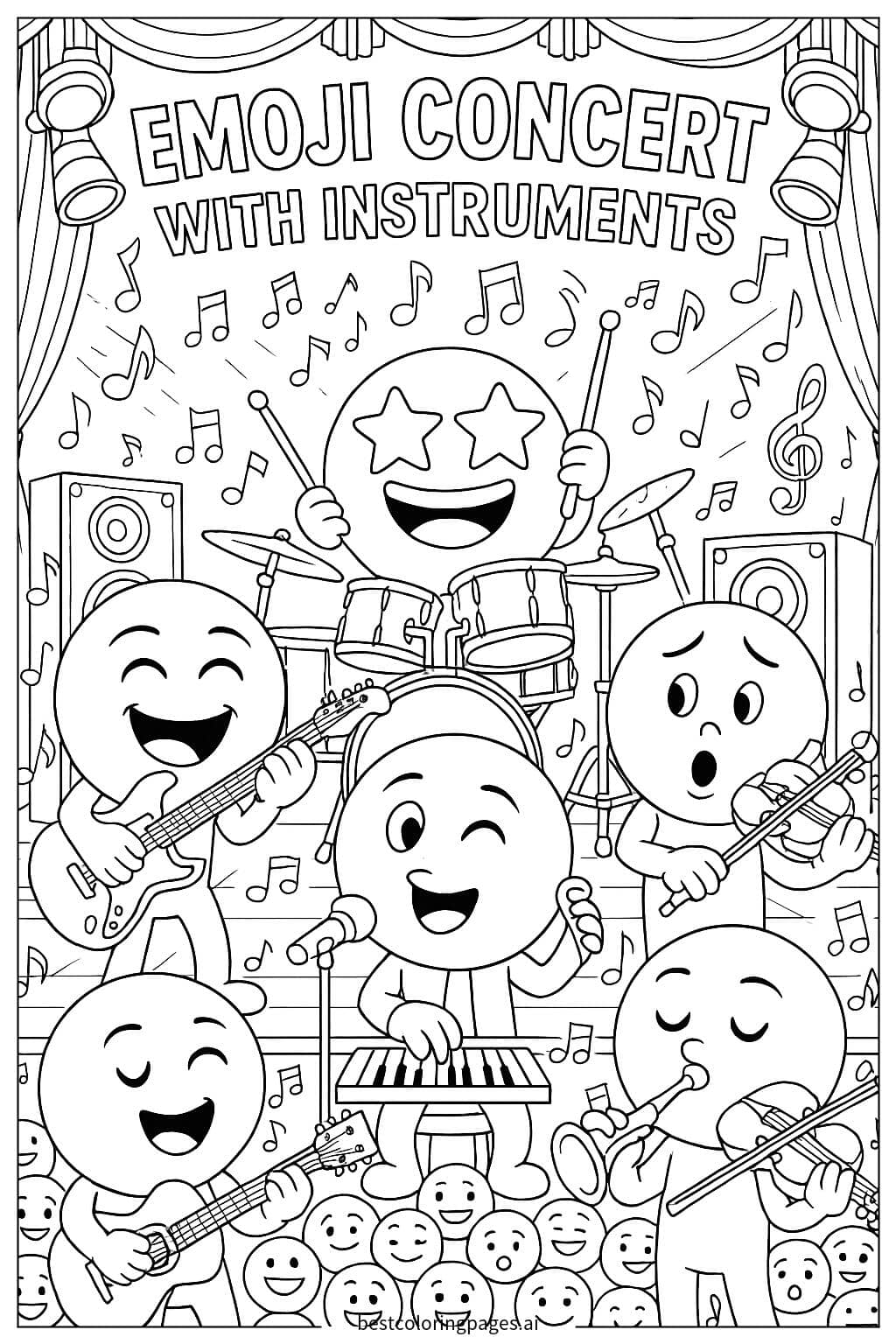 Emoji Concert with Musical Instruments Coloring Page