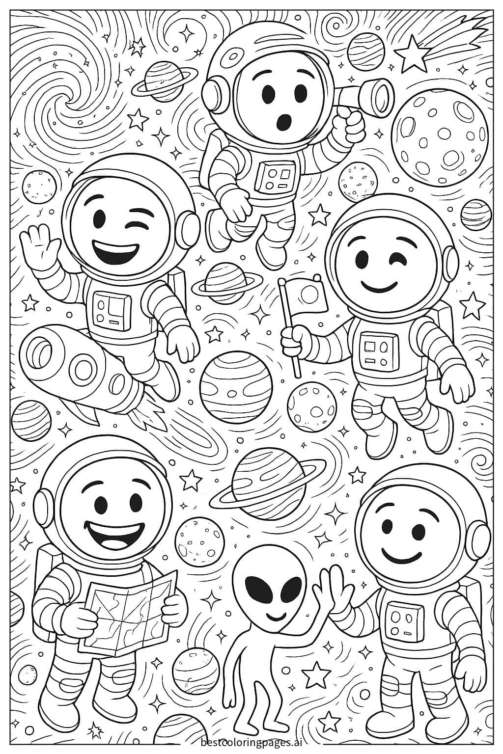 Emoji Exploring Outer Space Coloring Page