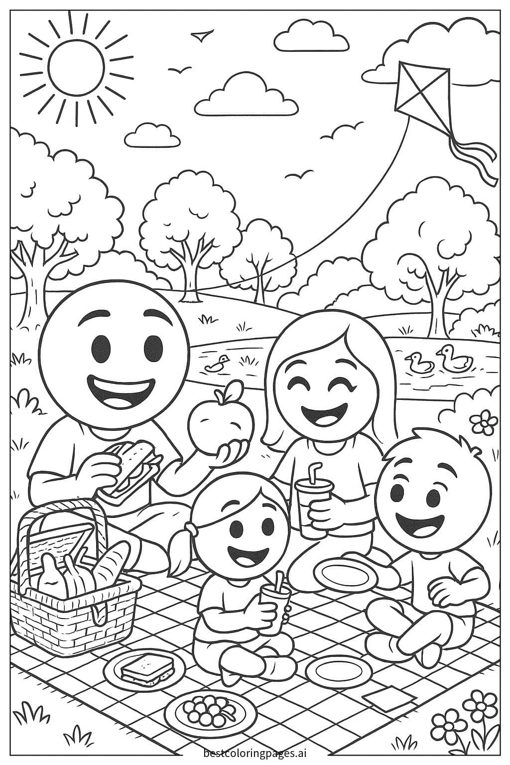 Emoji Family Picnic Scene Coloring Page