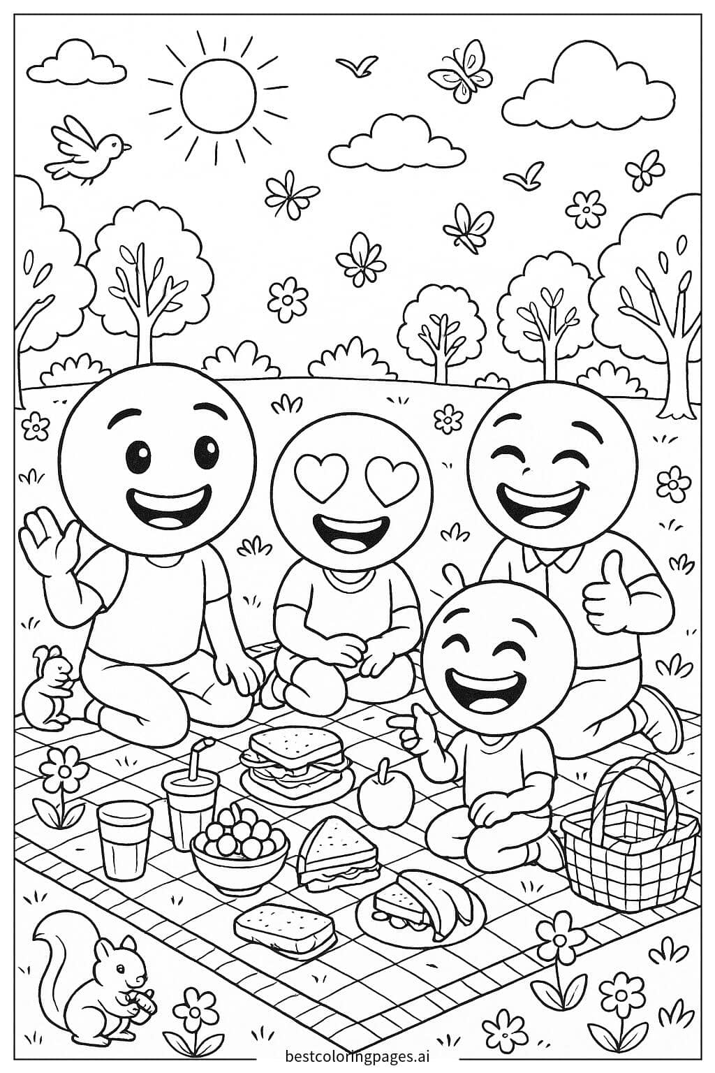 Emoji Family Picnic Coloring Page