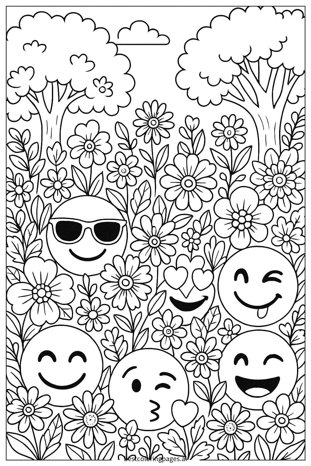 Disegni di Giardino Emoji con Fiori e Alberi da Colorare