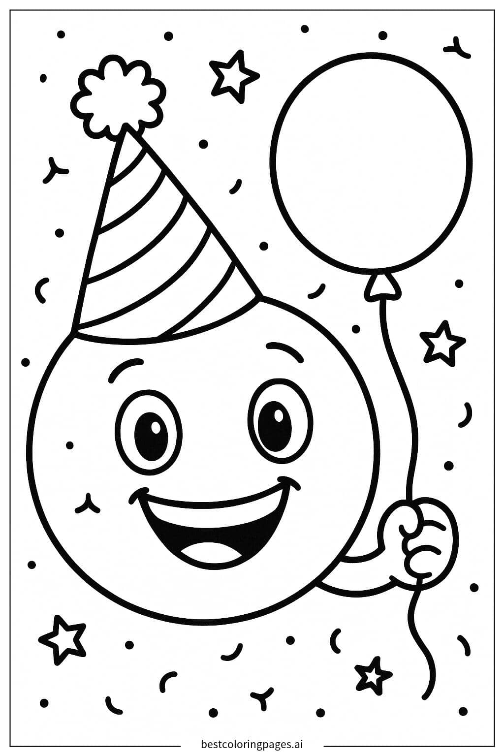 Fun Emoji with Party Hat and Balloon Coloring Page