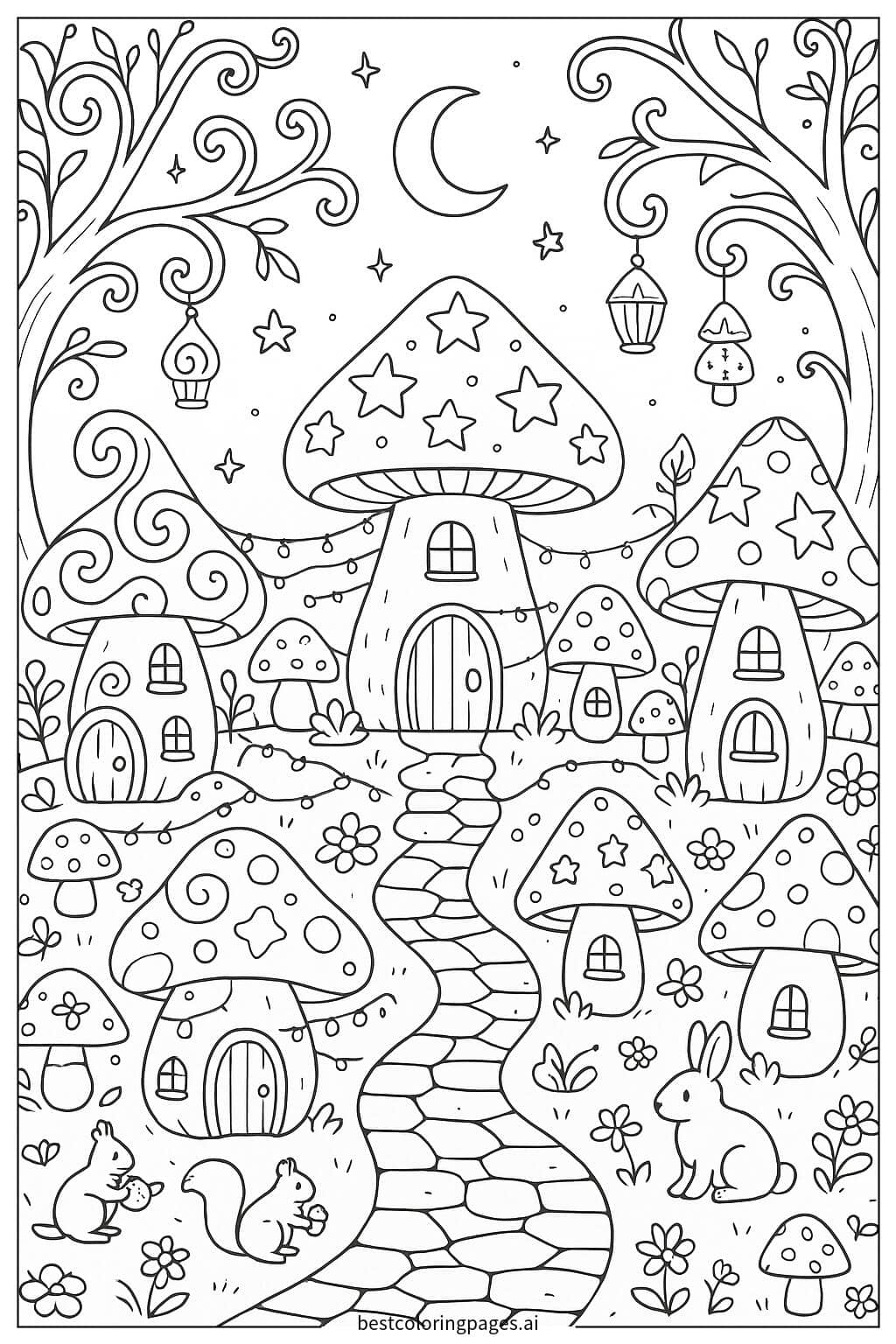 Magical Mushroom Village Coloring Page