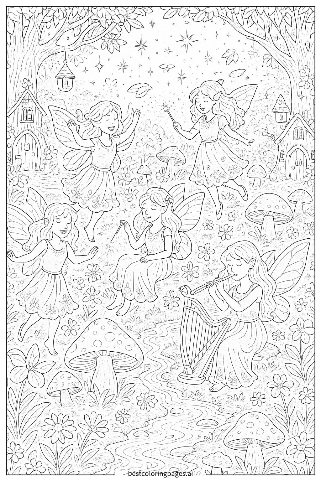 Fairies Celebrating in a Magical Forest Coloring Page