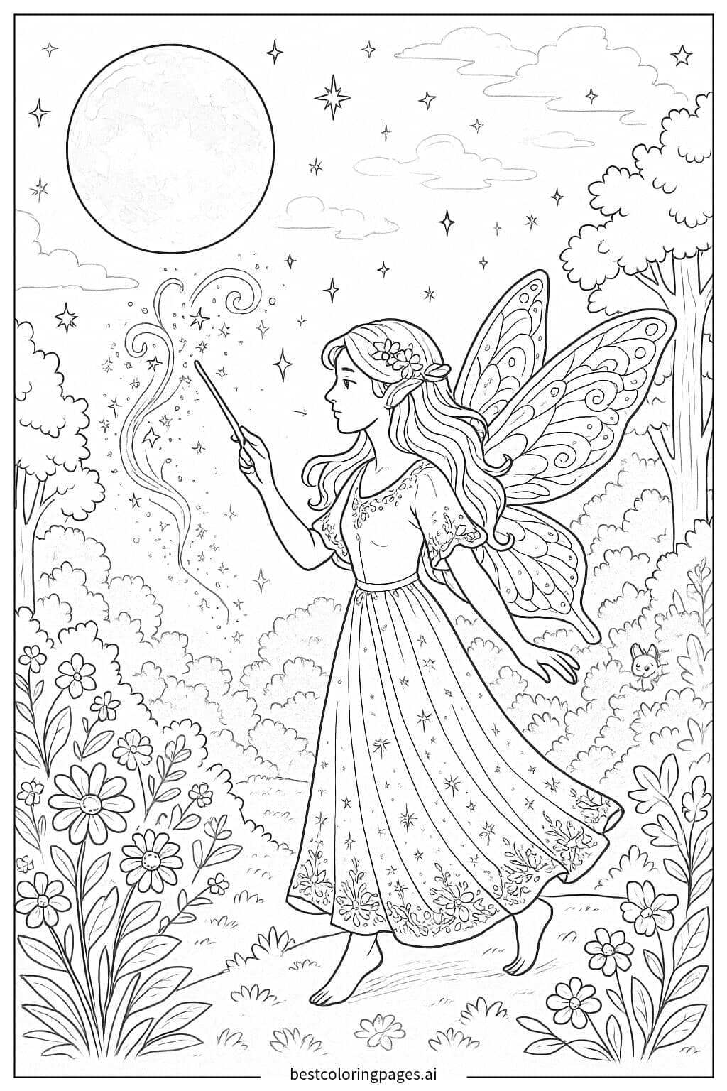 Fairy Casting Magic Under the Moonlight Coloring Page