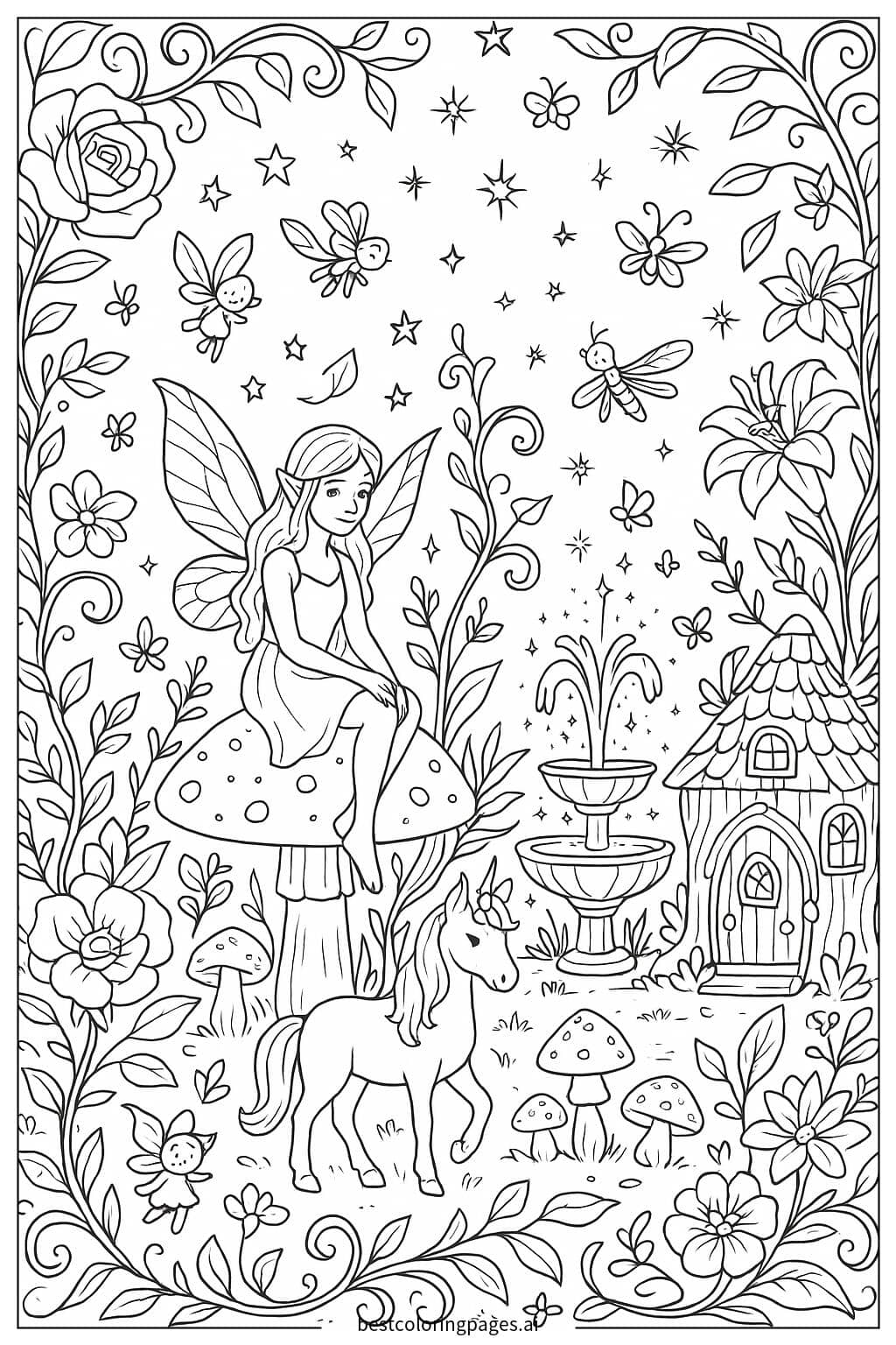 Fairy Garden with Magical Creatures Coloring Page