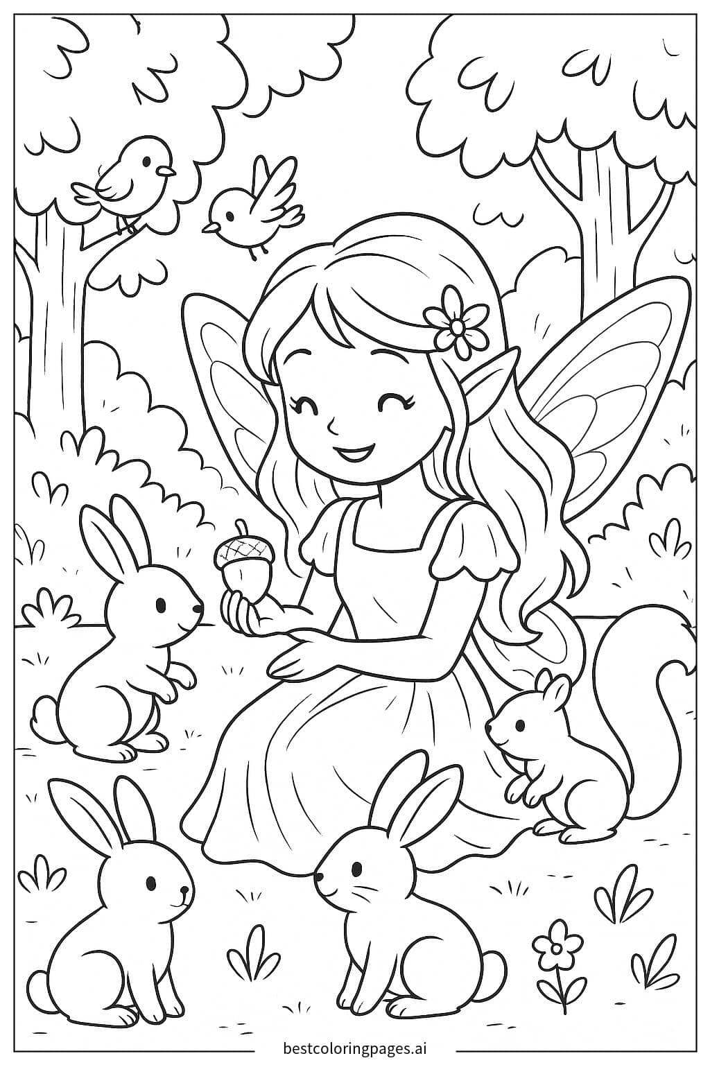 Fairy Playing with Forest Animals Coloring Page