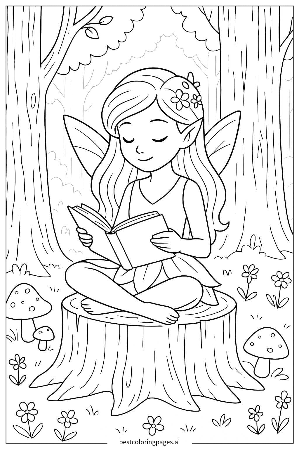 Fairy Reading a Book in the Forest Coloring Page