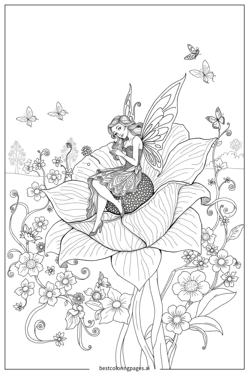 Fairy Resting on a Giant Flower Coloring Page