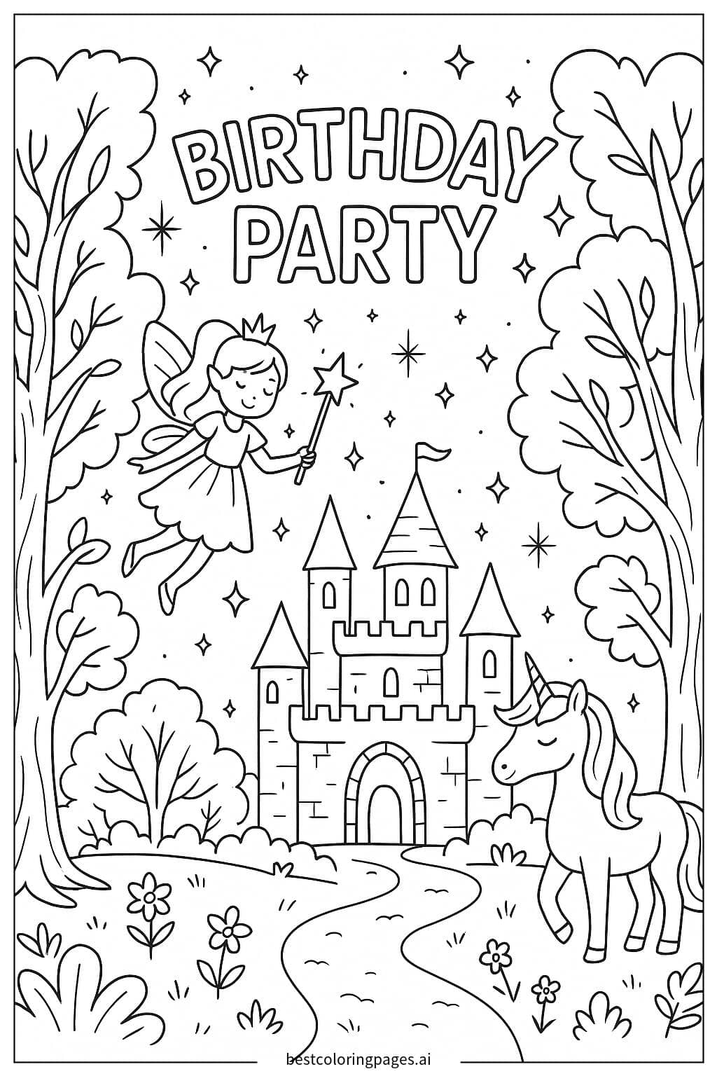 Enchanted Forest Birthday Celebration Coloring Page
