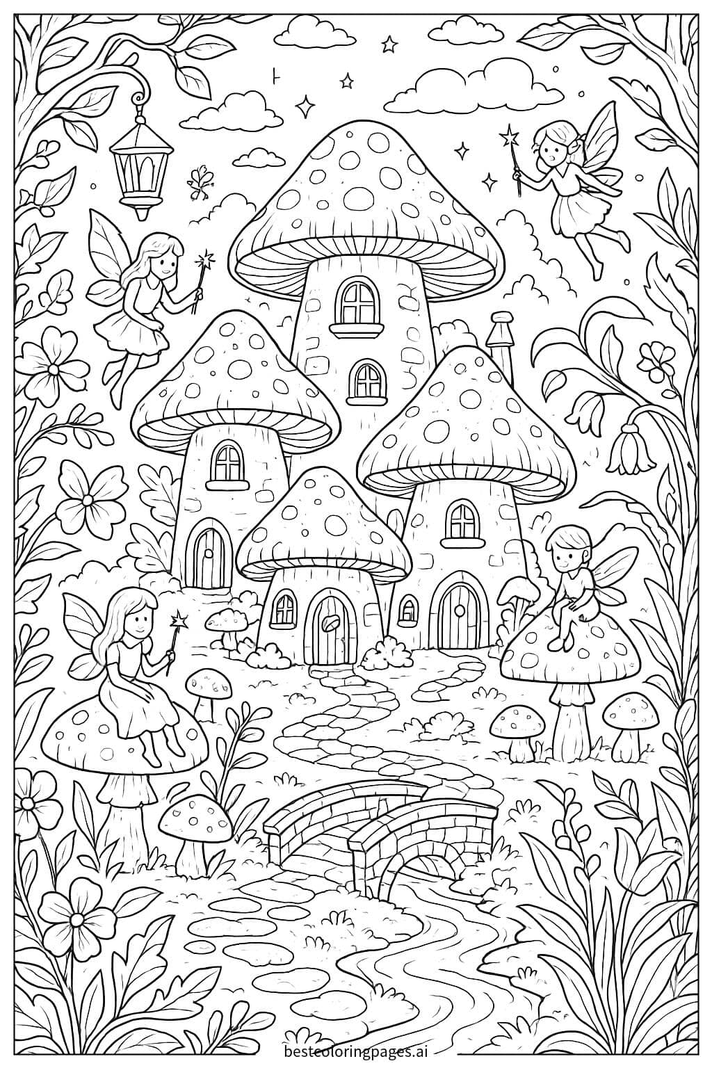 Fairy Village with Magical Mushroom Houses Coloring Page