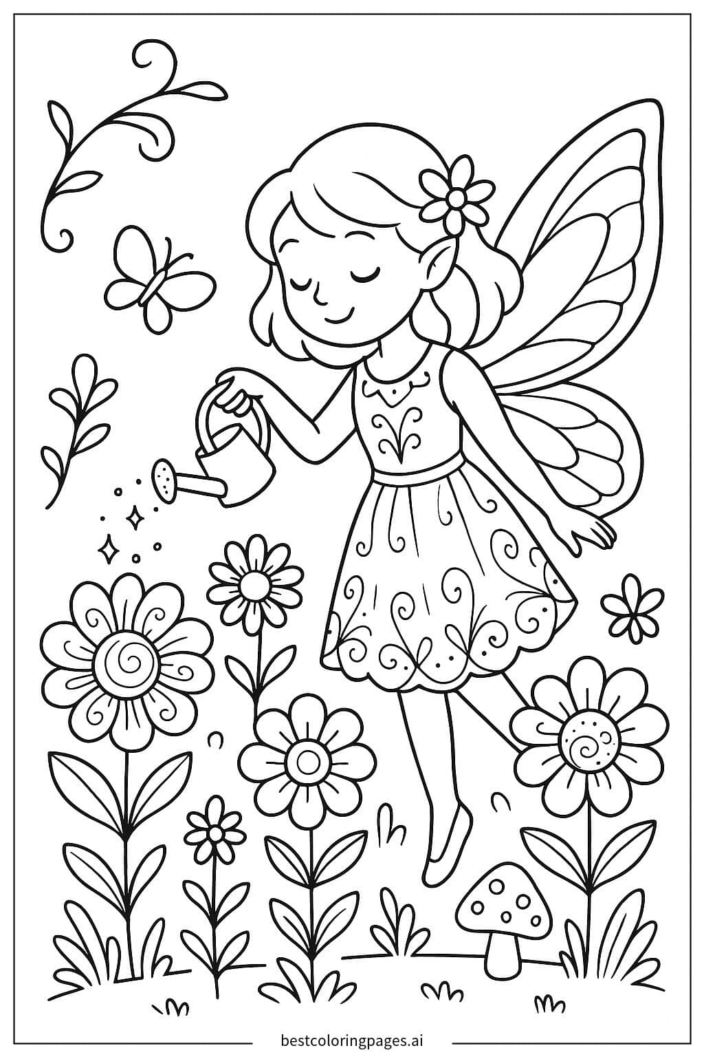 Fairy Watering Flowers with Magic Coloring Page