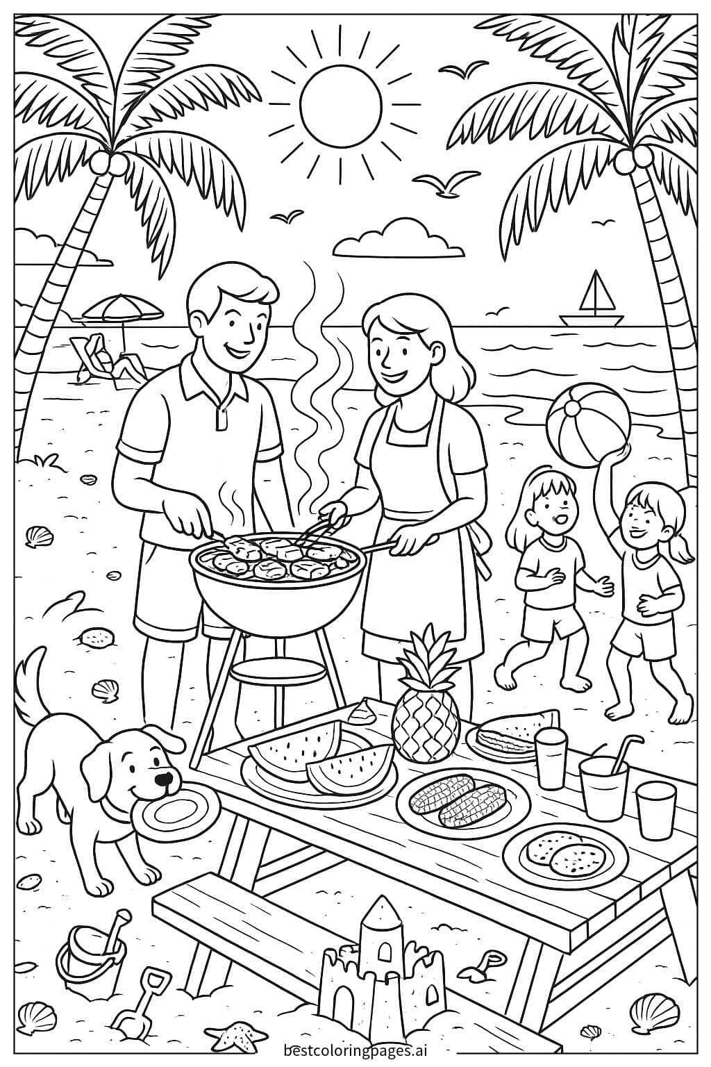 Family Enjoying a Beach Barbecue Coloring Page