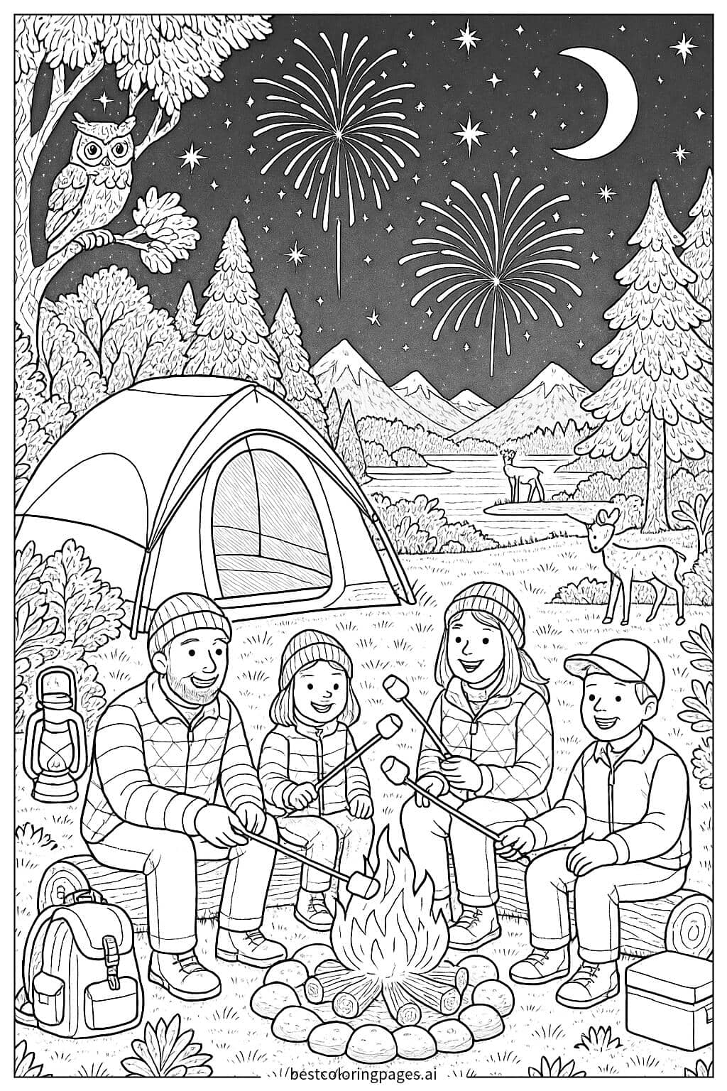 ภาพระบายสี คืนตั้งแคมป์กับครอบครัวและดอกไม้ไฟ