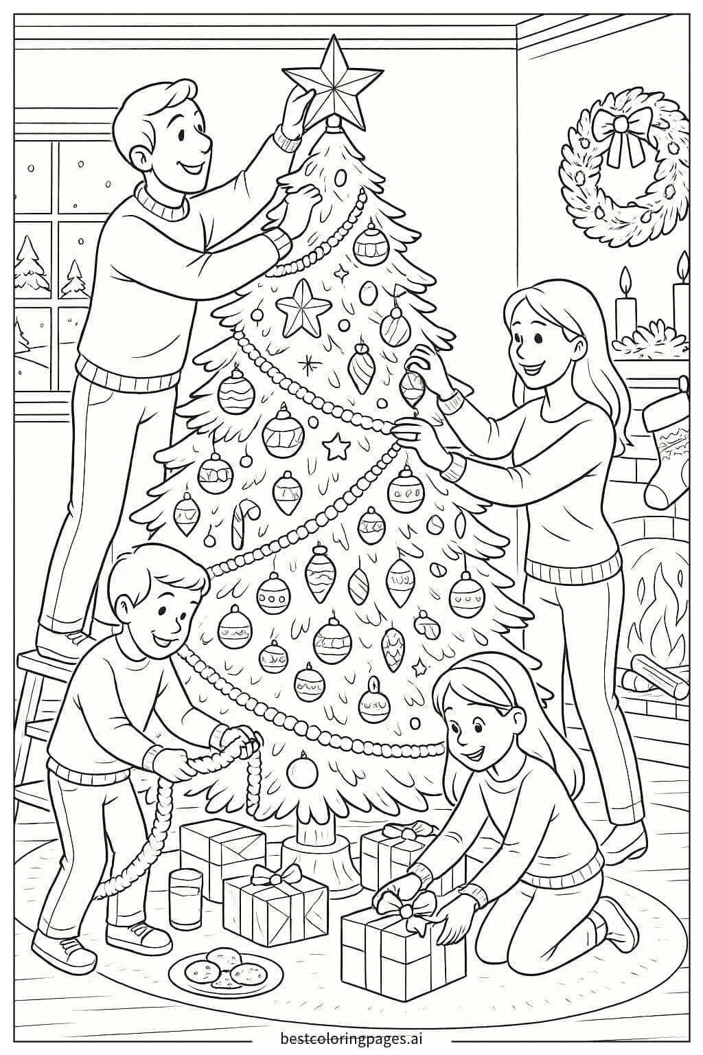 Desenhos de Família Decorando a Árvore de Natal para Colorir