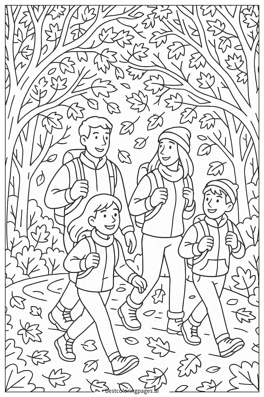 Familienwanderung durch herbstliche Wälder Ausmalbilder