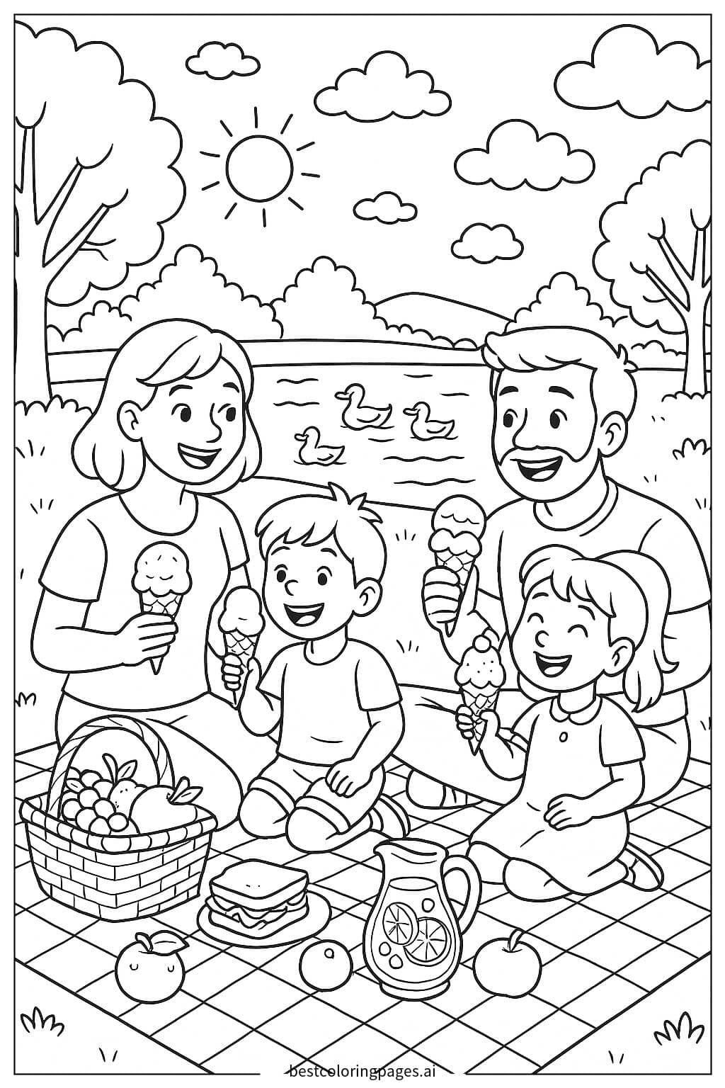 Family Picnic with Ice Cream Treats Coloring Page