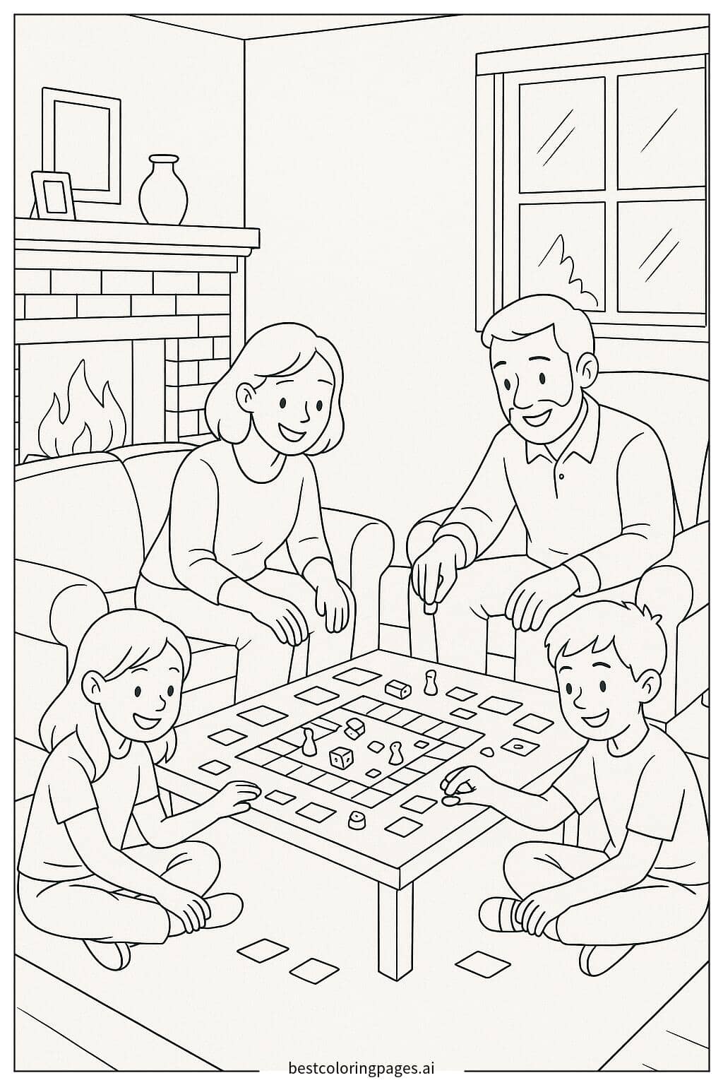 Family Enjoying Board Games by the Fireplace Coloring Page