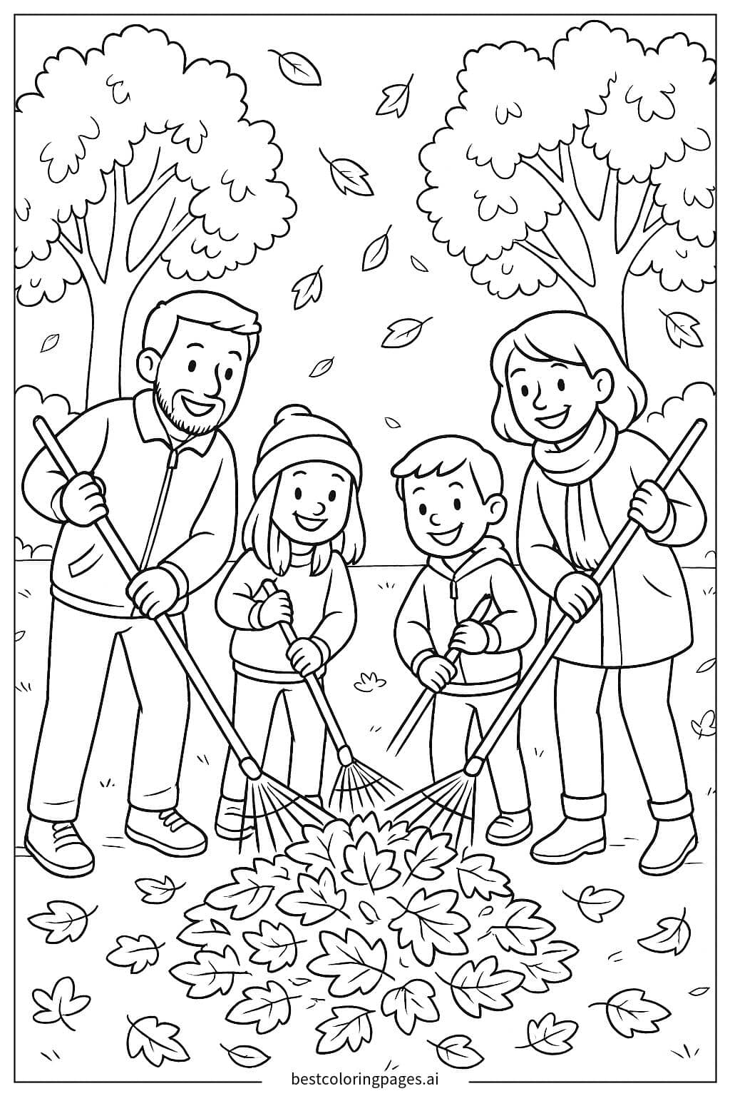 Desenhos de Família recolhendo folhas de outono para Colorir