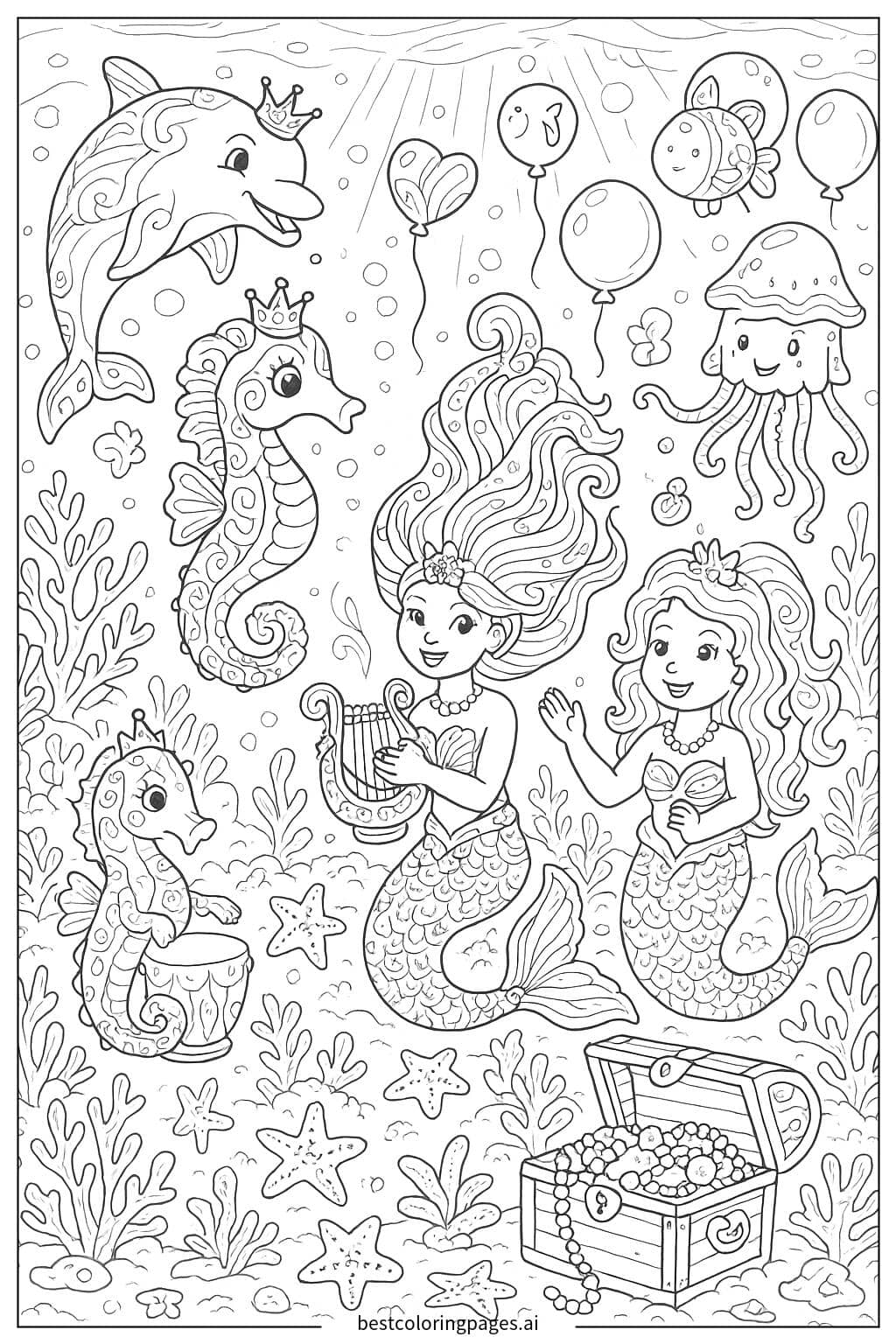 Fantasy Sea Creatures Party Coloring Page