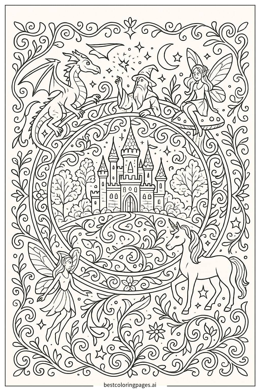 Fantasy World Mandala Coloring Page