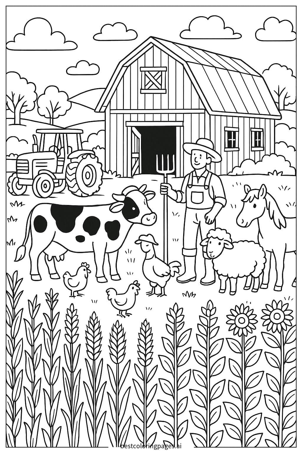 Desenhos de Cena de Fazenda com Celeiro, Animais e Culturas para Colorir