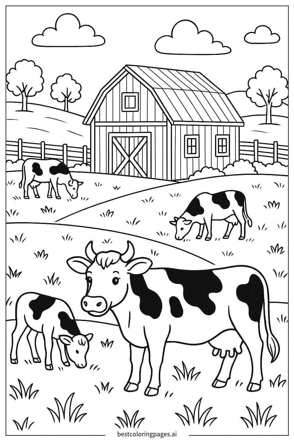 Desenhos de Cena de fazenda com vacas e celeiro para Colorir