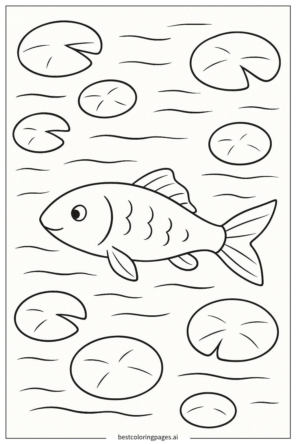 Fish Swimming in a Pond with Lily Pads Coloring Page