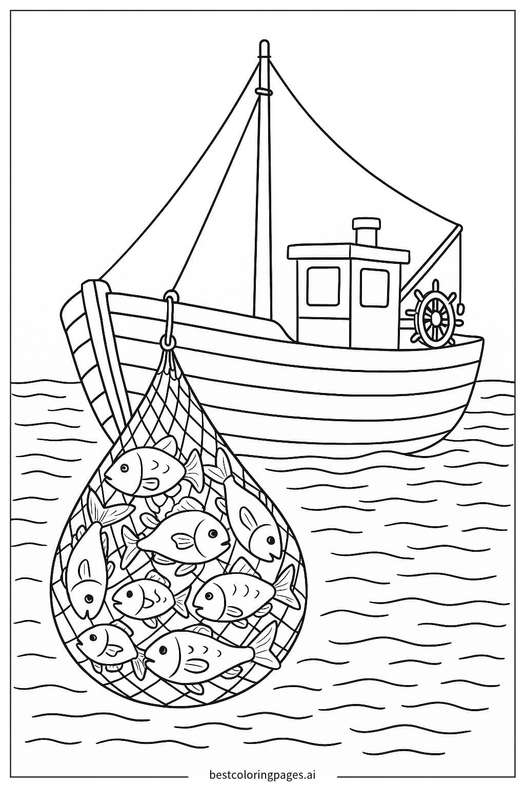 Desenhos de Barco de pesca com rede cheia de peixes para Colorir