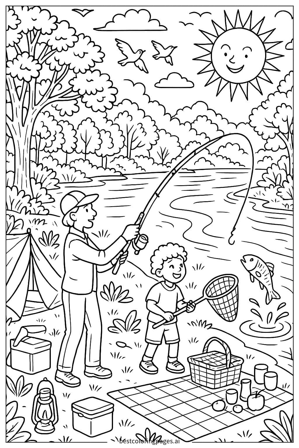 Fishing Adventure by the Riverside Coloring Page