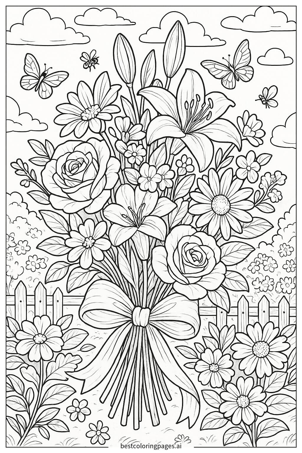 Flower Bouquet with Ribbon Coloring Page