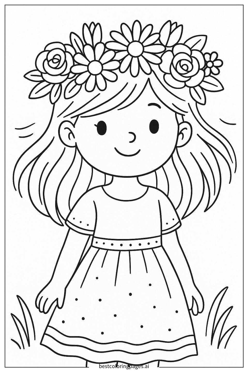 Girl with a Flower Crown Coloring Page