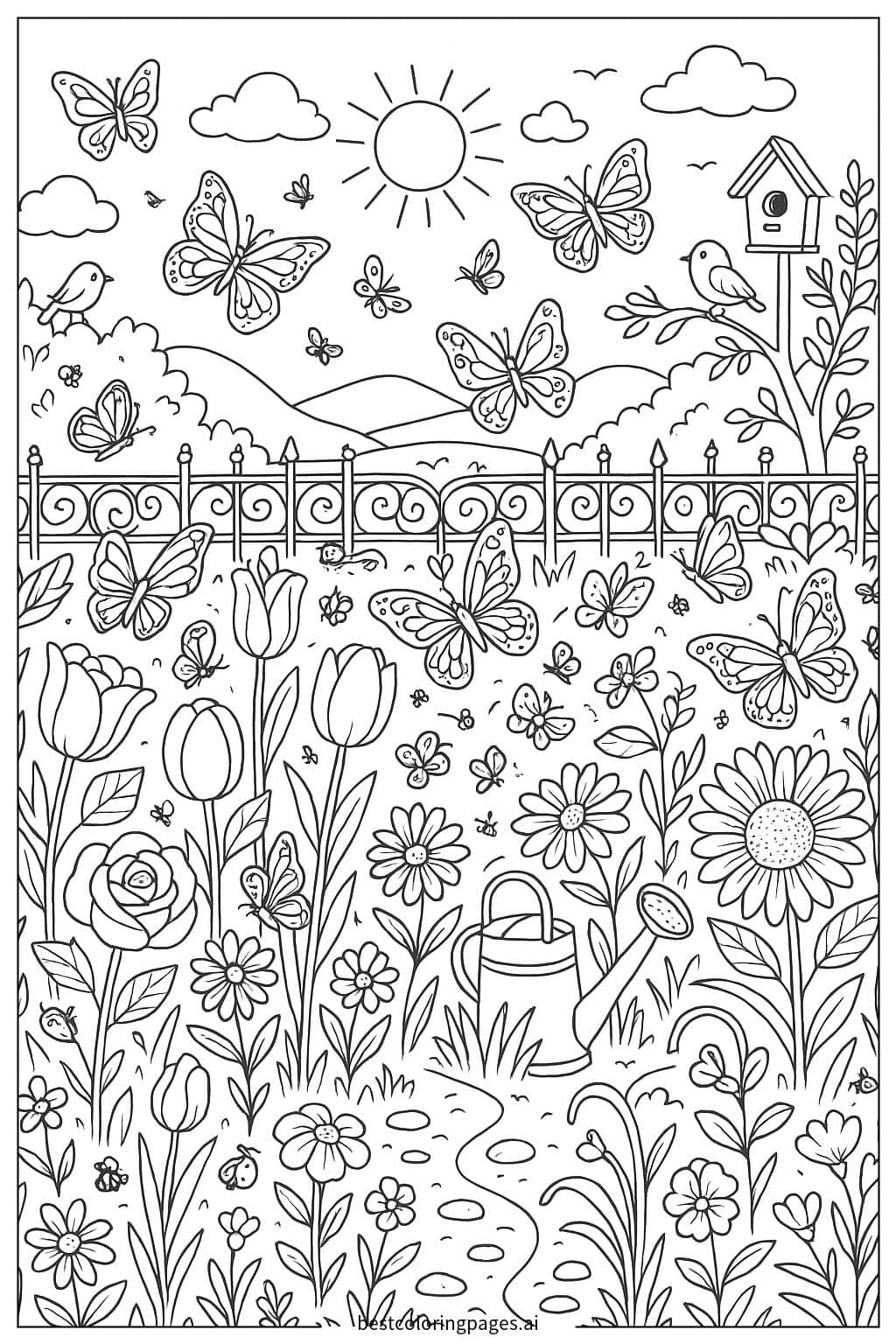 Flower Garden with Butterflies Coloring Page