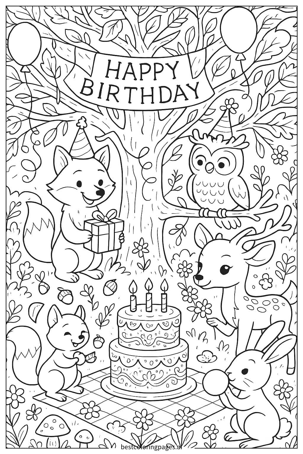 Forest Animals Celebrating a Birthday Coloring Page