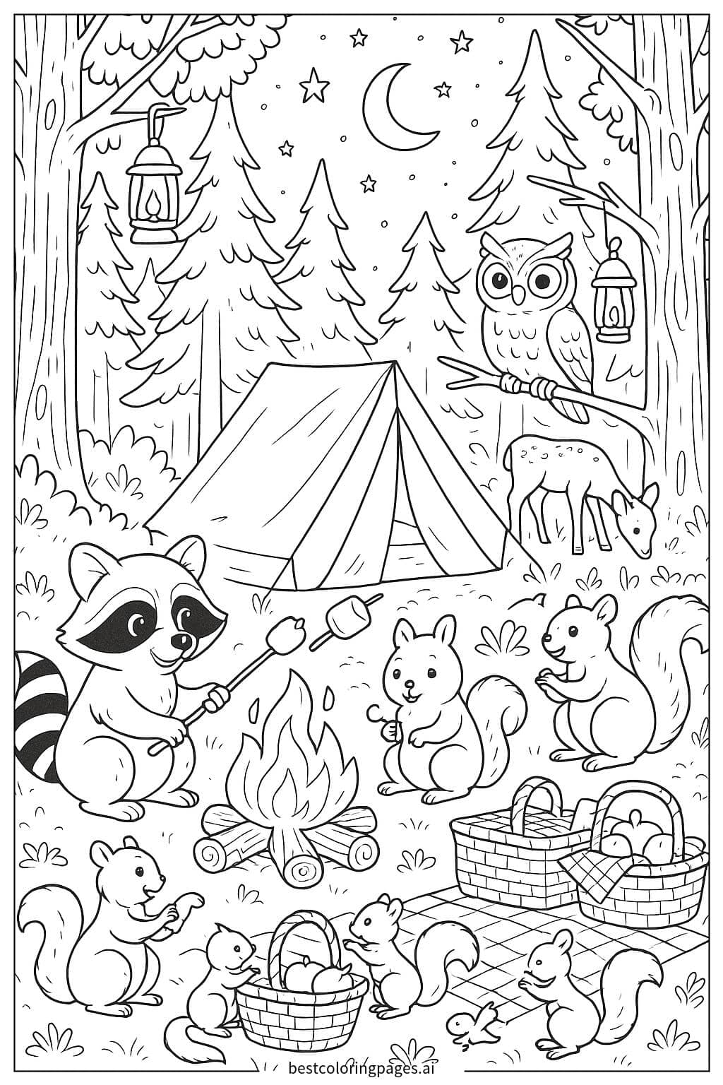 ภาพระบายสี สัตว์ป่าในแคมป์กลางป่า