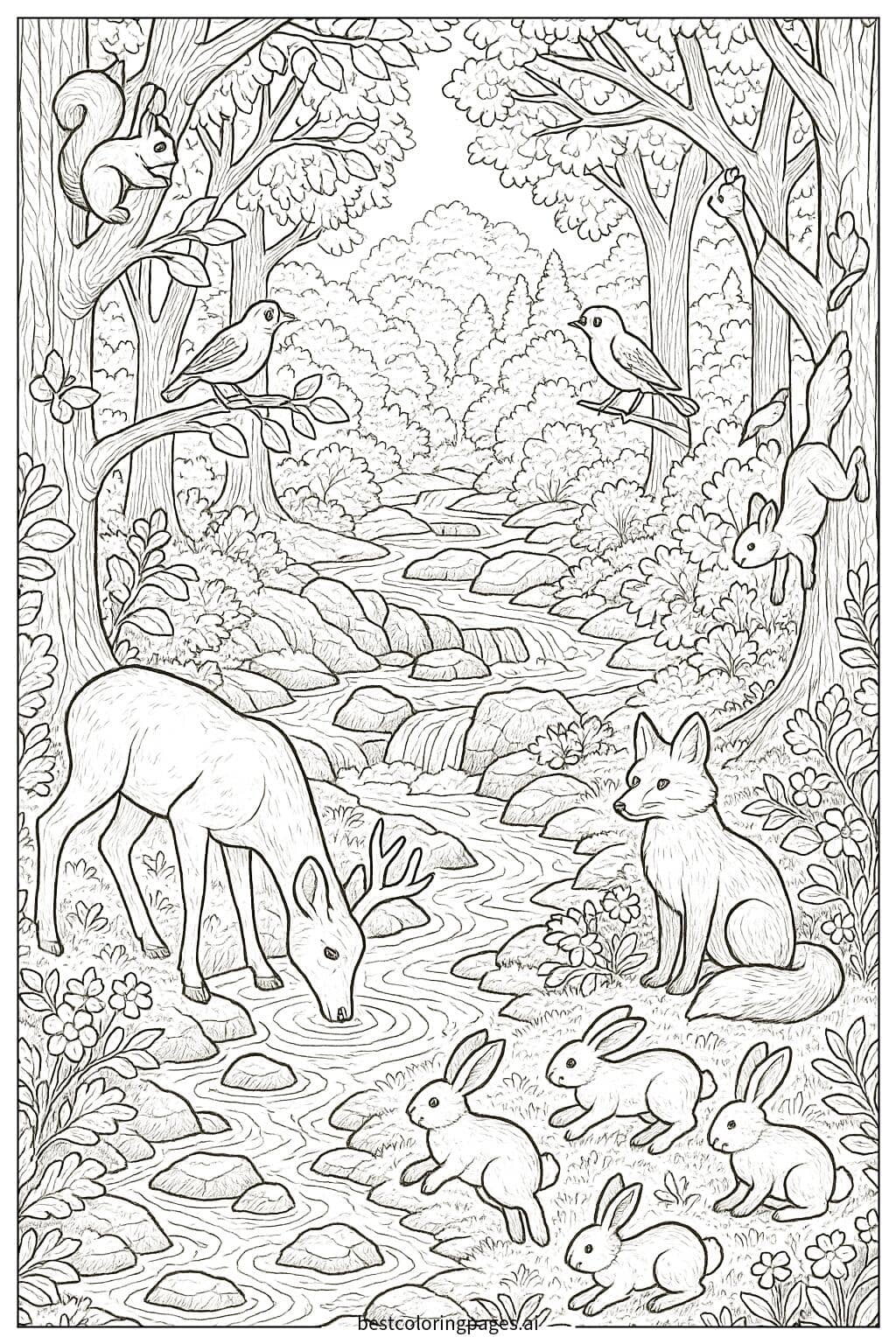 Forest Scene with Animals and a Flowing River Coloring Page