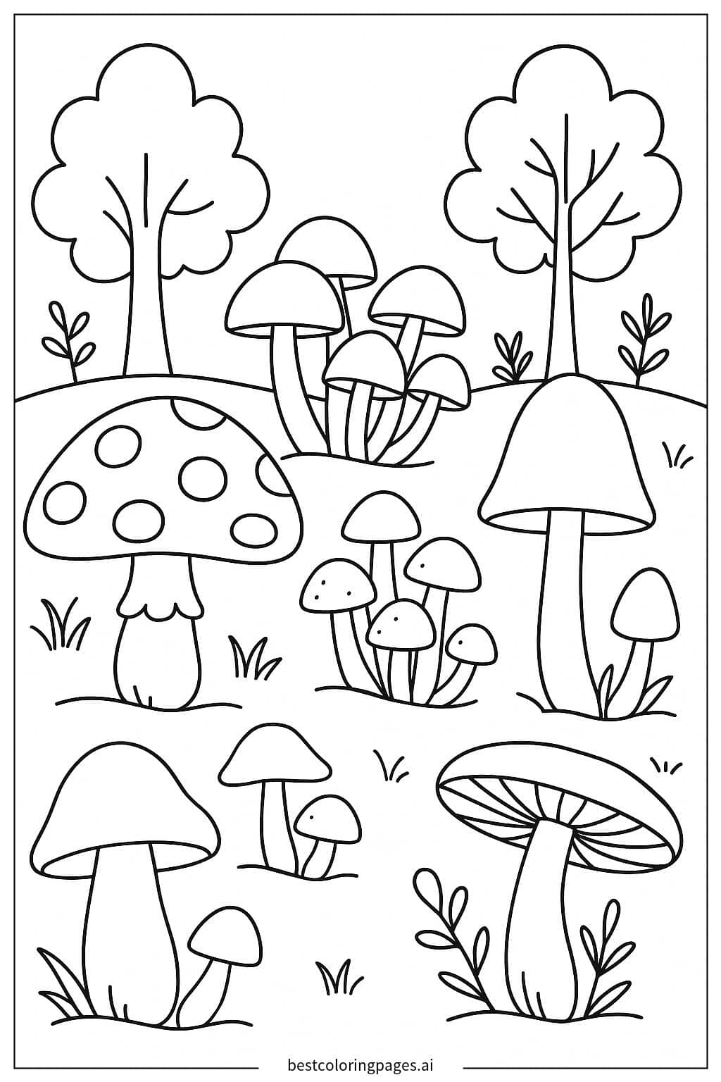 Dibujos de Bosque con diferentes tipos de setas para Colorear