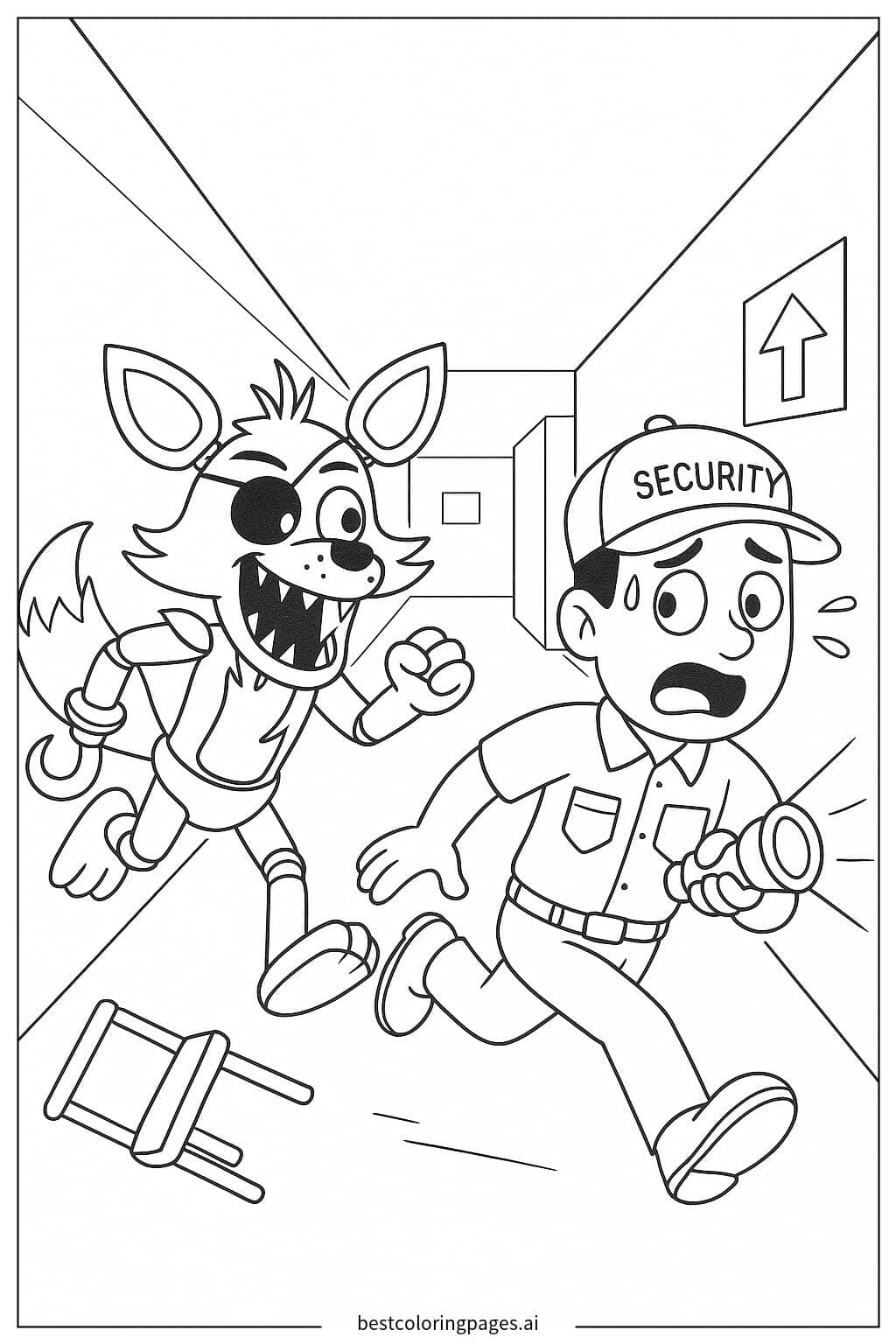 Foxy Chasing Security Guard Coloring Page